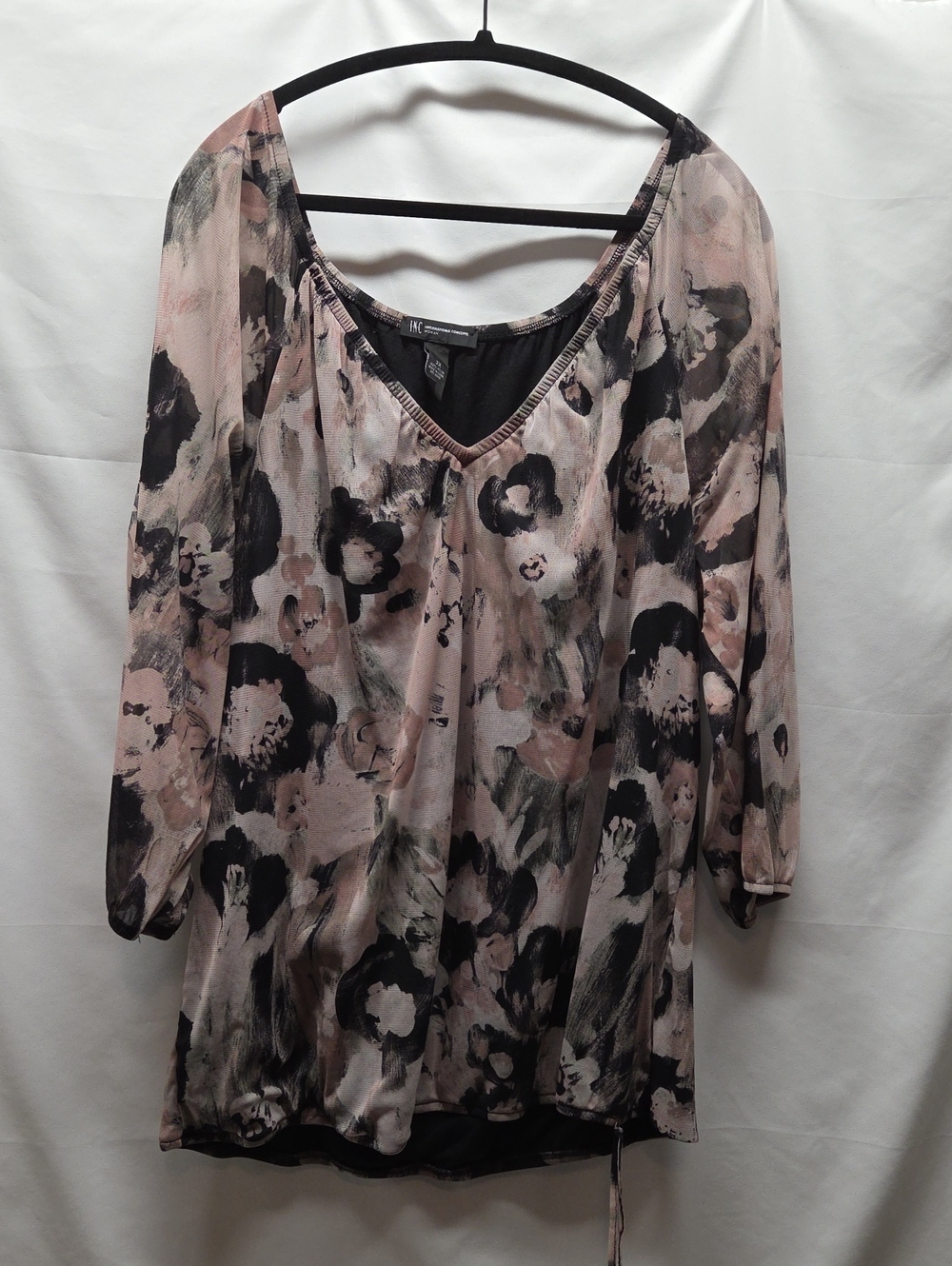 INC International Concepts Sheer Floral V-Neck Blouse in Dusty Pink and Black
